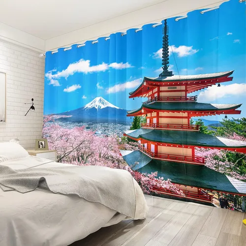 Miniatura 60 de Cortinas japonesas con pintura de tinta, monte Fuji, sol rojo, puesta de sol, hojas de bambú, cortinas de ventana para dormitorio, sala de estar