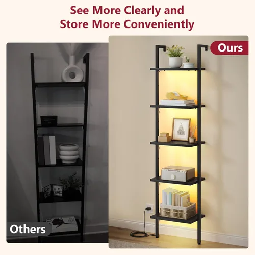 Miniatura 6 de Tajsoon Estante de escalera de 5 niveles con luz, estante de madera para libros montado en la pared, estantería de escalera con marco de metal