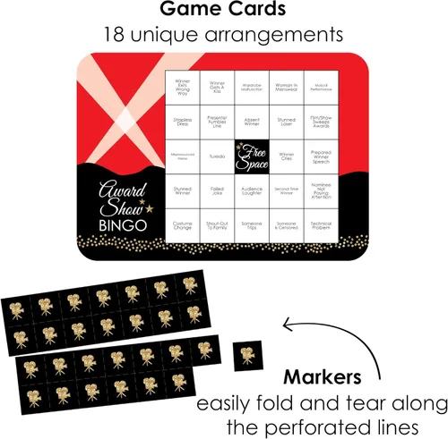 Miniatura 2 de Big Dot of Happiness Red Carpet - Juego de 18 tarjetas y marcadores de bingo para espectáculos de premios - Juego de bingo para fiesta nocturna