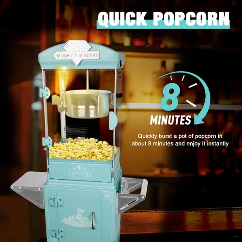 Miniatura 4 de Máquina de palomitas de maíz vintage con carrito y ruedas retro, máquina de palomitas de maíz de cine en casa de un solo toque para reuniones Cian