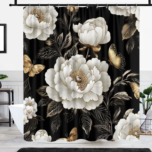 Miniatura 24 de Cortina de ducha de mariposa floral negra y dorada, cortina de ducha bohemia con diseño botánico de flores oscuras para baño con gancho, juego