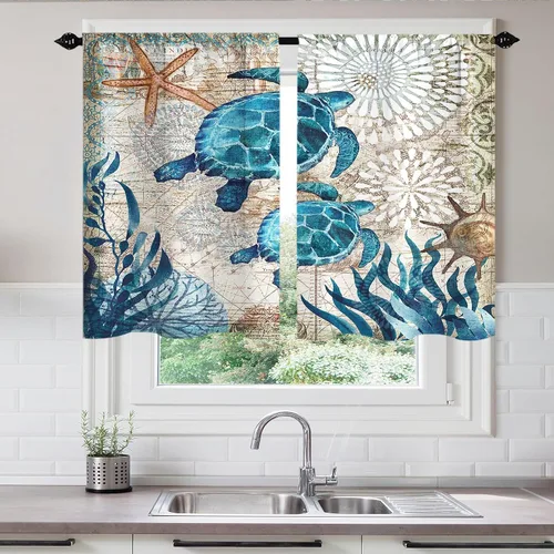 Miniatura 2 de Cortinas cortas de cocina con diseño náutico de tortugas marinas azules y playas, media cortina de baño para dormitorio, juego de 2 paneles de 27.5