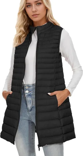 Miniatura 4 de ELFJOY Chaleco largo acolchado para mujer, chaleco de plumón largo ultraligero con cuello alto, chalecos negros para mujer, ropa de abrigo
