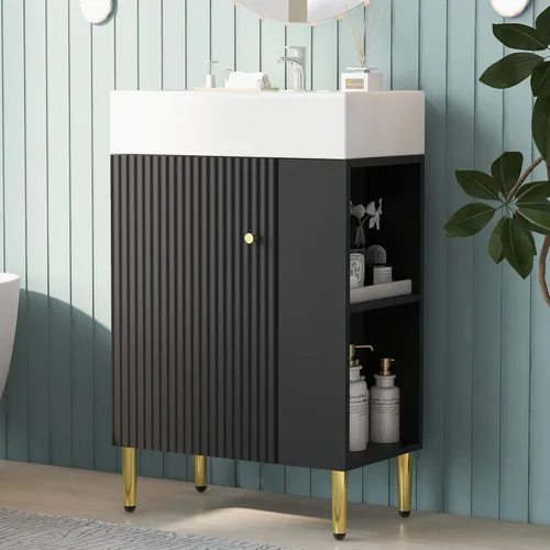 P PURLOVE Tocador de baño pequeño con fregadero, armario de baño estrecho de madera con puerta de cierre suave y almacenamiento lateral derecho,