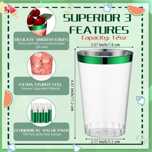 Miniatura 2 de Patelai 100 piezas de vasos de plástico verdes de 12 onzas, vasos de plástico con borde verde resistentes, vasos desechables para vino, vasos
