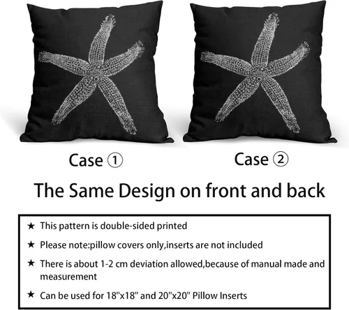 Miniatura 6 de Sweetshow Juego de 2 fundas de almohada cuadradas de lino con estrellas de mar negras de 16 x 16 pulgadas, decoración náutica costera de playa