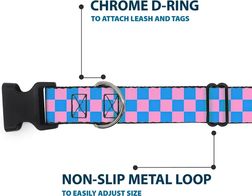 Miniatura 5 de Collar de clip de plástico BUCKLE-DOWN Checker – Color Negro/Rosa – 1/2" de ancho – Compatible con cuello de 9 – 15" – grande
