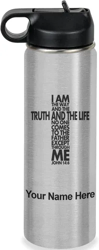 Miniatura 47 de LaserGram Botella de agua de doble pared abatible de 12 onzas con pajilla, versículo bíblico John 14-6, grabado personalizado incluido