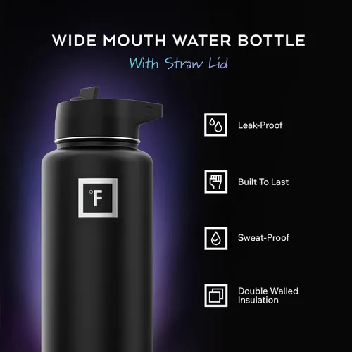 Miniatura 2 de IRON °FLASK Frasco de hidratación para acampar y senderismo con pajilla, botella de agua deportiva de acero inoxidable con aislamiento de boca Negro