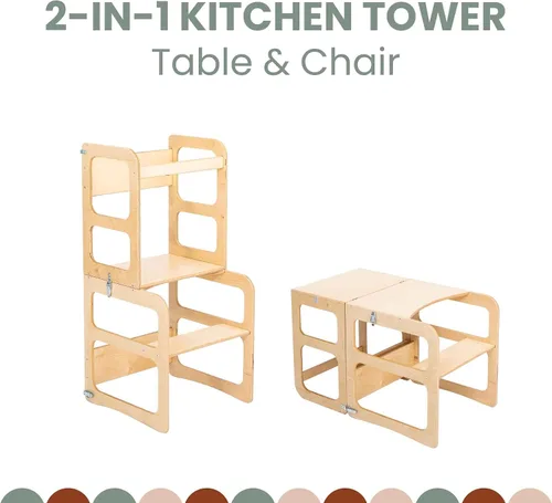 Miniatura 3 de Torre de cocina Montessori y taburete de observación para niños, mesa y silla plegable, torre de observación de cocina (color lacado/madera)