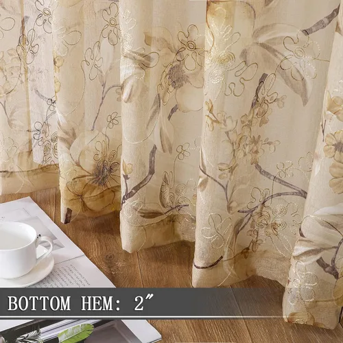 Miniatura 4 de Tollpiz Cortina Corta Transparente de Nivel Beige con Estampado de Hojas y Flores, Bordado Floral, Cortinas de Media Ventana Transparentes