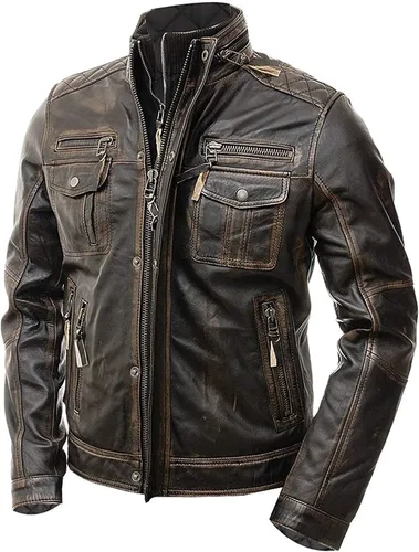 Chaqueta de cuero real para hombre, estilo vintage, envejecida, color marrón