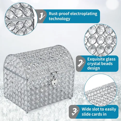Miniatura 5 de MDLUU Caja de tarjetas del cofre del tesoro con cerradura en forma de corazón, soporte para sobres de cuentas de cristal para bodas, fiestas, Plata