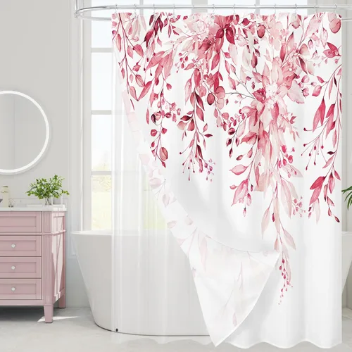 Miniatura 57 de Gibelle - Cortina de ducha de eucalipto marrón, hojas de plantas de acuarela con diseño floral, juego de cortina de ducha con ganchos, 72 x 72