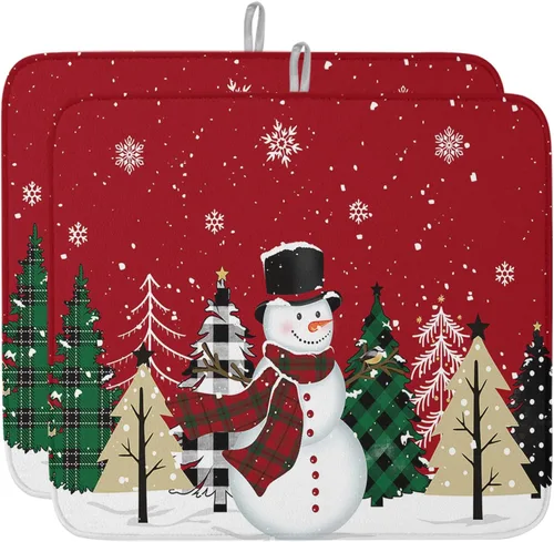 Tapete de secado de platos con diseño de árbol de Navidad y muñeco de nieve para encimera de cocina, 2 piezas, escurridor de platos absorbente de