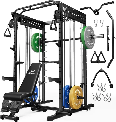 Miniatura 17 de JELENS M21 - Máquina Smith, jaula de potencia multifunción con sistema de cruce de cable de polea doble, banco de sentadillas todo en uno de 907 kg