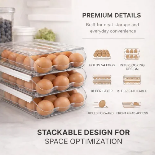 Miniatura 6 de Soporte para huevos para refrigerador con dispensador automático rodante, dispensador de huevos para refrigerador, organizador de huevos apilable