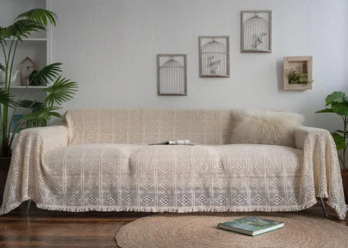 vctops Funda de sofá vintage de algodón con borlas geométricas y huecas, funda decorativa para sofá de sala de estar (beige, 51 x 71 pulgadas)