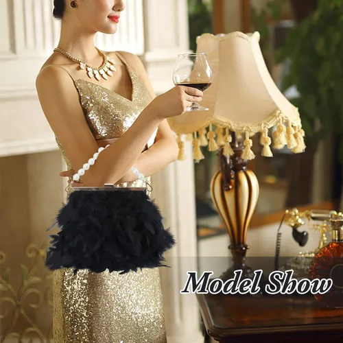 Miniatura 6 de Bolsos de mano de plumas para mujer, bolsos de noche esponjosos de perlas para boda, aniversario, fiesta