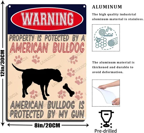 Miniatura 2 de LIUAXICIA Letreros divertidos de metal con texto en inglés "Warning Property is Potected by A American Bulldog is Protected by My Gun" The Coffee