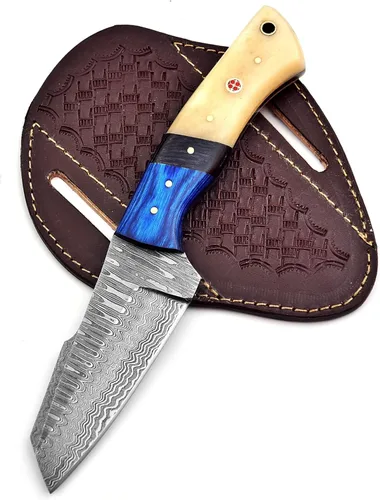Cuchillo de caza de acero de Damasco forjado a mano – Cuchillo de caza táctico EDC de hoja fija de 8 pulgadas para desollar y funda de cuero –