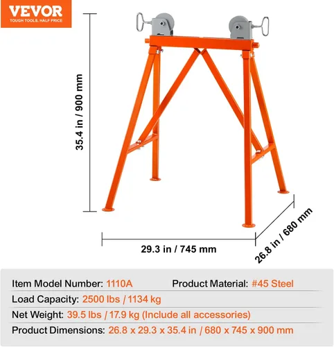 Miniatura 7 de VEVOR Soporte de tubería con cabezal de rodillo, capacidad de carga de 2500 libras, adecuado para tubos de 2 a 36 pulgadas, soporte de tubo