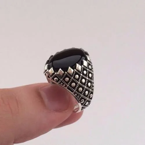 Miniatura 4 de Anillo de plata de ley 925K de ónix negro ovalado para hombre, Plata de ley, plata, Ónix
