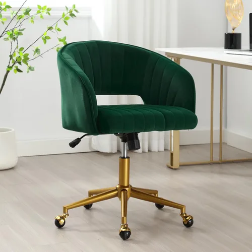 Miniatura 15 de ABET Silla de escritorio con ruedas, silla de terciopelo para oficina en casa, sillón giratorio con base dorada, sillas decorativas modernas Crema