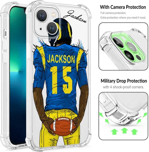 Miniatura 3 de Funda de fútbol personalizada con nombre y número transparente para iPhone 17 Pro Max 16 15 Plus 14 13 Mini 12 11 Xs Max Xr SE3, con 4 esquinas a
