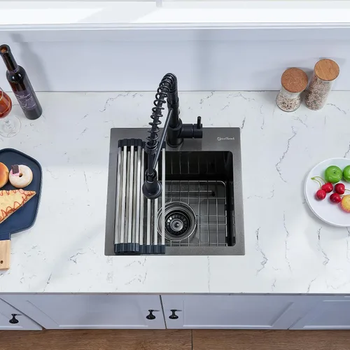 Miniatura 9 de Fregadero de cocina de 15 x 15 pulgadas, fregadero de preparación de barra de montaje superior de 16 calibre 16 T-304 de acero inoxidable negro