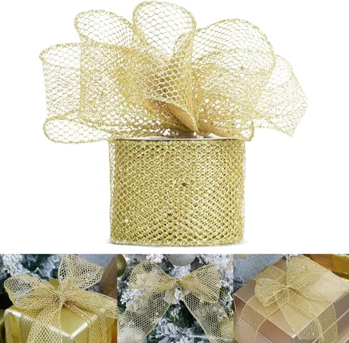 HUIHUANG Cinta de malla con alambre con purpurina dorada, cinta metálica con borde de alambre brillante para envolver regalos, hacer coronas, lazos