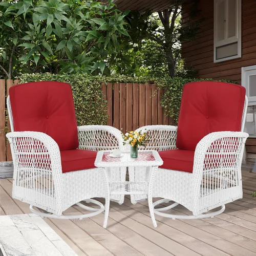 Miniatura 41 de MEETWARM Juego de 3 piezas de mimbre giratorio para patio al aire libre, mecedoras, juegos de muebles de patio de ratán con cojín grueso y mesa