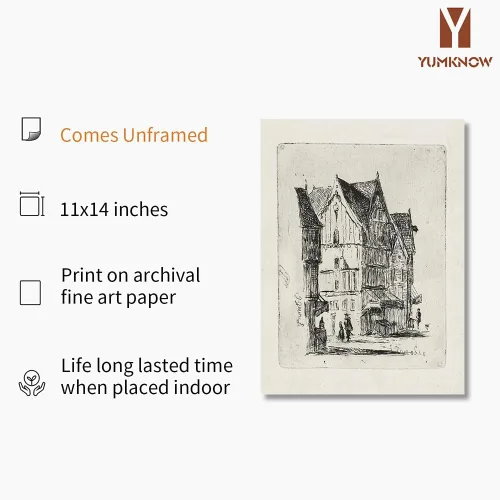 Miniatura 2 de Dibujo de Edificios de Ciudad en Estilo Rústico en Gris - Grabado de Arquitectura Urbana en Poster - Arte de Pared Vintage de Granja - Bosquejo Gris