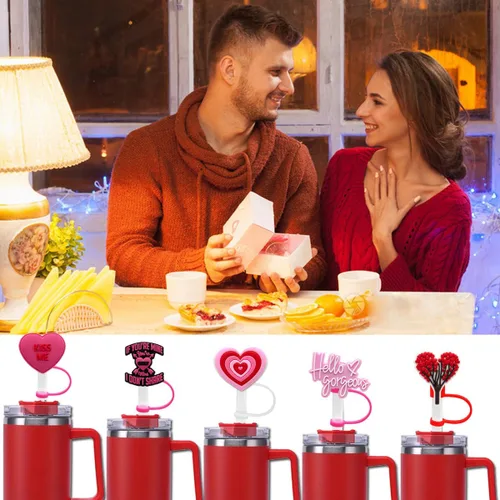 Miniatura 3 de 6 fundas para pajilla, 6 unidades, con diseño de corazón de silicona, para vasos con asa, protector de tapones a prueba de polvo, reutilizables