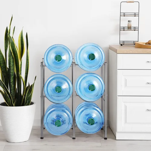 Miniatura 6 de LIANTRAL Soporte para botellas de agua de 5 galones, estante de 3 niveles plateado de doble fila resistente para enfriador de garrafones con 6