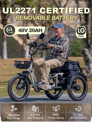 Miniatura 7 de Full Suspension Folding Electric Tricycle for Adults, Aluminum Alloy, Torque Sensor, 20MPH 100Miles 20×3 inch Fat Tire Electric Trike, 1200W 48V