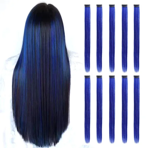 Miniatura 9 de Extensiones de cabello negro con clip, 10 piezas de 22 pulgadas de largo, rectas de colores lisos, accesorios sintéticos, extensiones con clip