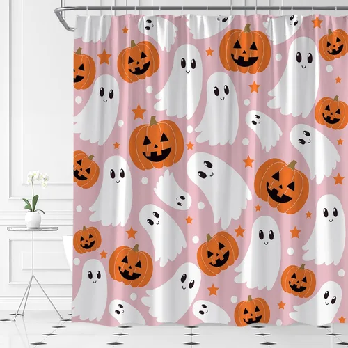 Miniatura 3 de Bonita cortina de ducha fantasma de Halloween, calabaza espeluznante, divertida tela de dibujos animados para decoración de baño, bañera con ganchos