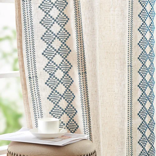 jinchan - Cortinas bohemias y rústicas de mezcla de lino de color beige, 63 pulgadas de largo, sala de estar y dormitorio, con borde bordado