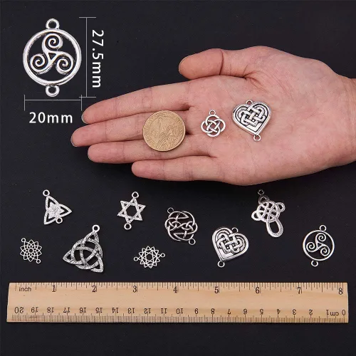 Miniatura 3 de SUNNYCLUE 60 piezas de dijes de conexión de nudo celta, plata antigua, irlandesa, flor wicca, buena suerte, triángulo, corazón, amor, nudos