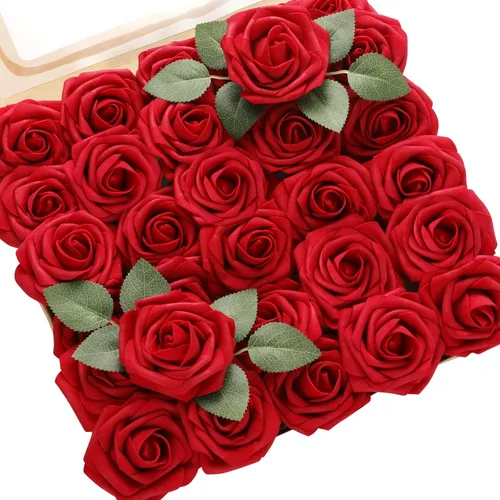 Miniatura 8 de DerBlue 60 rosas artificiales con tallo y 10 hojas verdes, rosas falsas de aspecto real, rosas artificiales de espuma para decoración de bodas