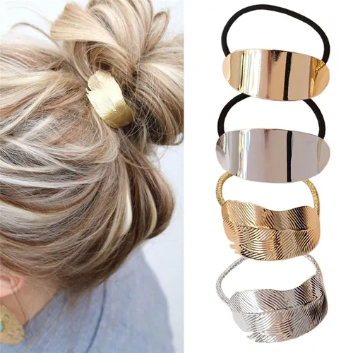 4 piezas de puños de metal dorado para cola de caballo, accesorios minimalistas para el cabello con hojas brillantes, lazos decorativos para el
