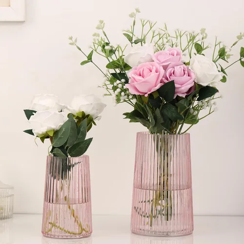 Miniatura 45 de Jarrón de vidrio ámbar para flores, florero para ramo, jarrones de vidrio modernos, jarrones acanalados para sala de estar, dormitorio, mesa