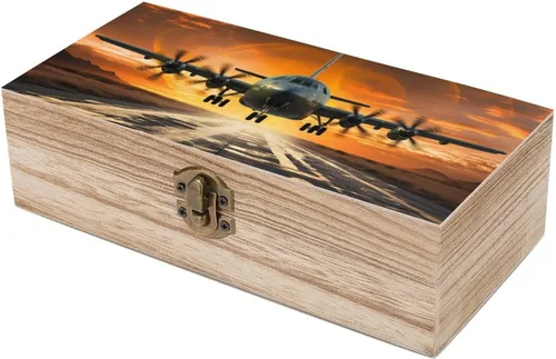 Miniatura 7 de Caja de almacenamiento de madera, joyero de madera vintage con tapa con bisagras, aterrizaje de avión militar en pistas de la fuerza aérea contra