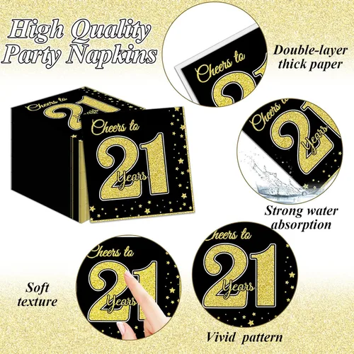 Miniatura 4 de 200 piezas de suministros para fiesta de cumpleaños de 21 años, platos de papel negro dorado, Brindis por 21 años, platos de papel y servilletas