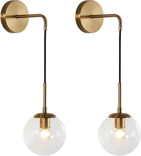 KCO Juego de dos apliques de pared modernos de globo de vidrio, minimalistas, dorados, con cable ajustable, lámpara de lectura redonda de vidrio de