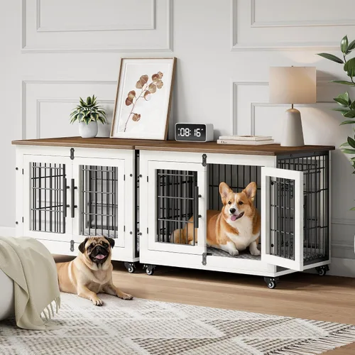 Miniatura 19 de YaFiti Mueble de jaula para perros con cojín, perrera de madera para interiores con puertas dobles, jaula para perros con ruedas, mesa auxiliar