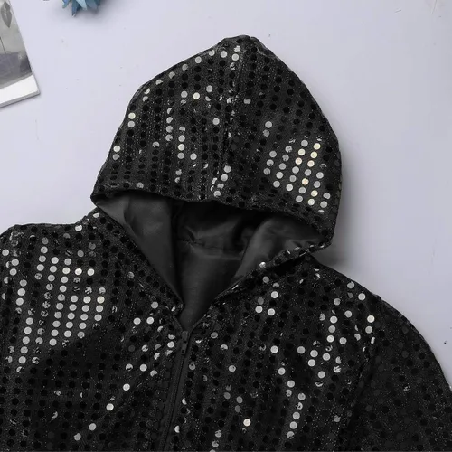 Miniatura 5 de inhzoy Conjunto de lentejuelas para niña, danza callejera, hip hop, danza, rendimiento, con capucha y pantalones de harén