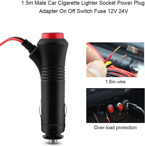 Miniatura 6 de Enchufe para encendedor de cigarrillos con cable, plástico Qiilu y materiales metálicos, 12 V, 24 V, 4.9 ft, enchufe macho para encendedor
