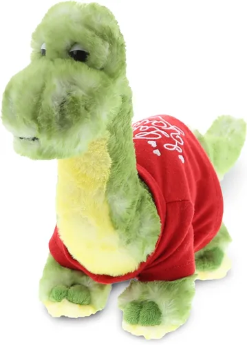 DolliBu Peluche de dinosaurio verde I Love You, lindo animal de peluche con camisa roja y nombre personalizado para San Valentín, 10 pulgadas